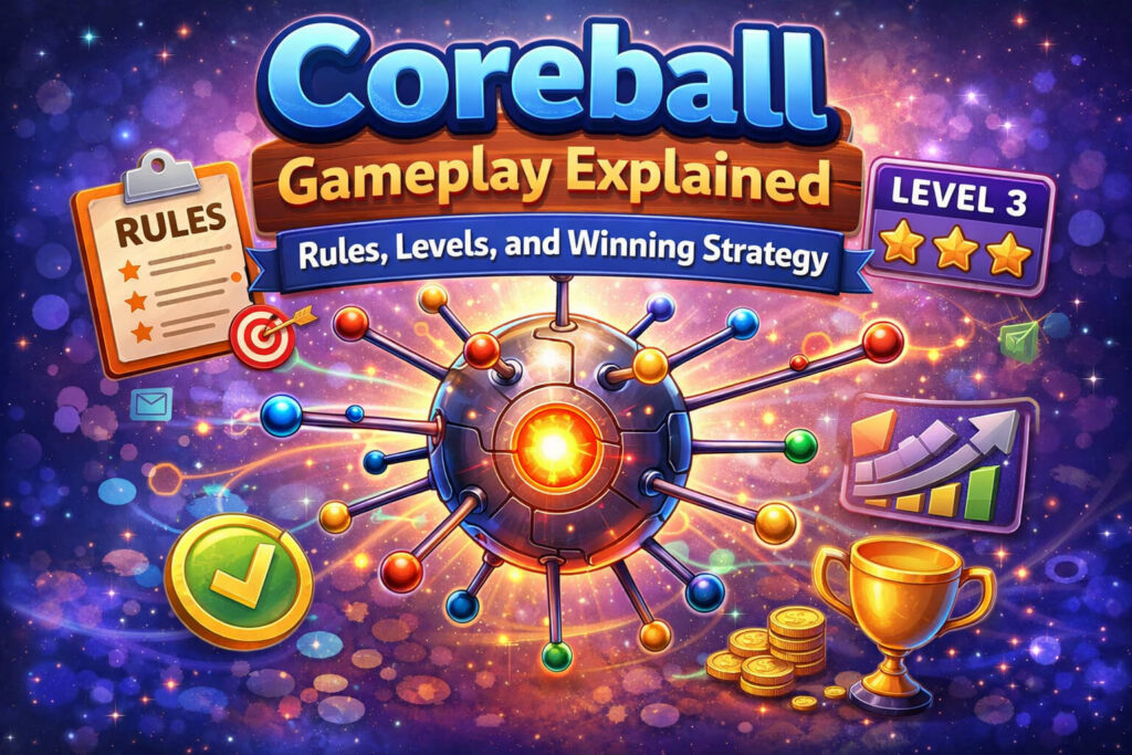 Coreball gameplay showing rotating ball with attached pins and strategy-based level progression