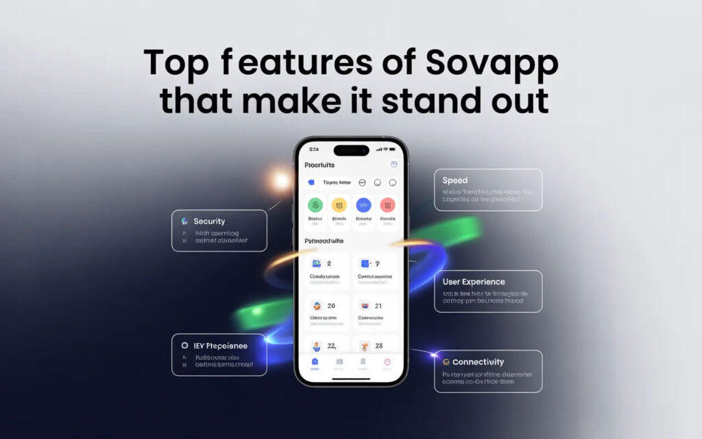 Sovapp application interface showing key features, tools, and productivity dashboard overview
