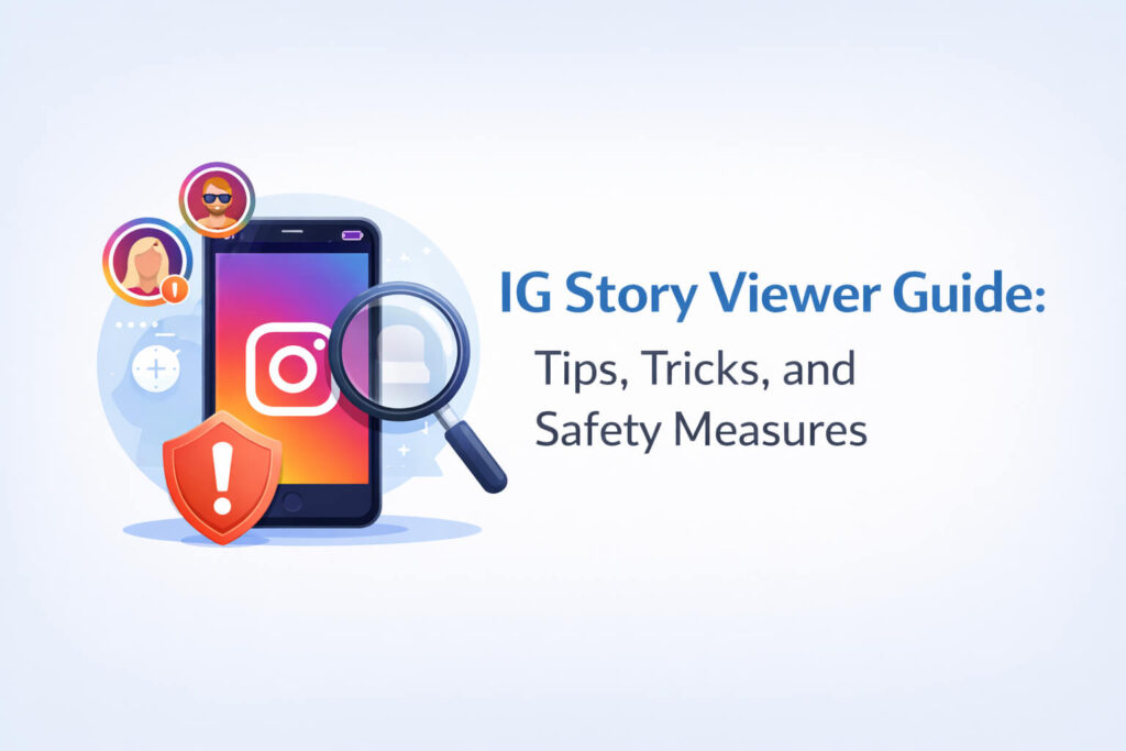 IG Story Viewer guide illustration showing tips tricks and safety features for Instagram users
