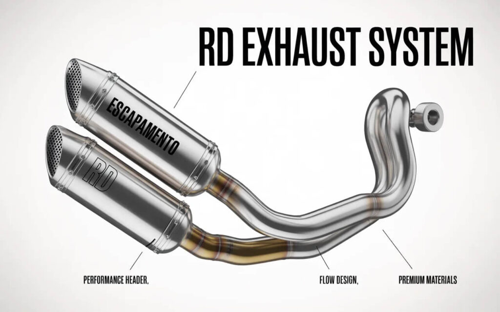 Escapamento RD motorcycle exhaust system showing design, build quality, and performance styling