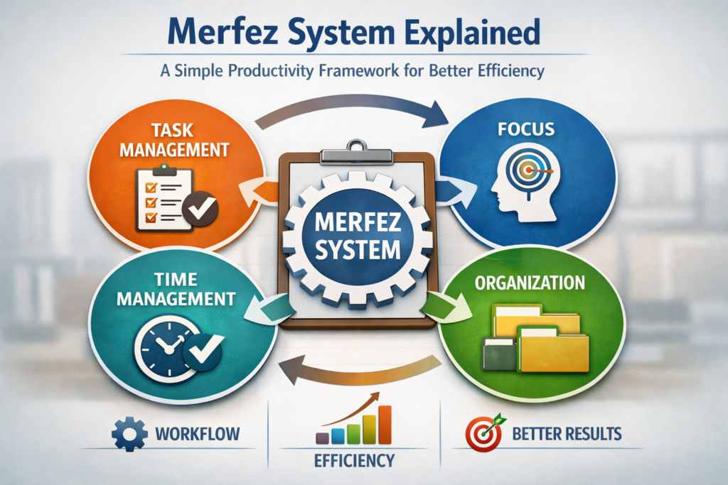 Merfez System productivity framework diagram showing workflow efficiency and task management organization concept